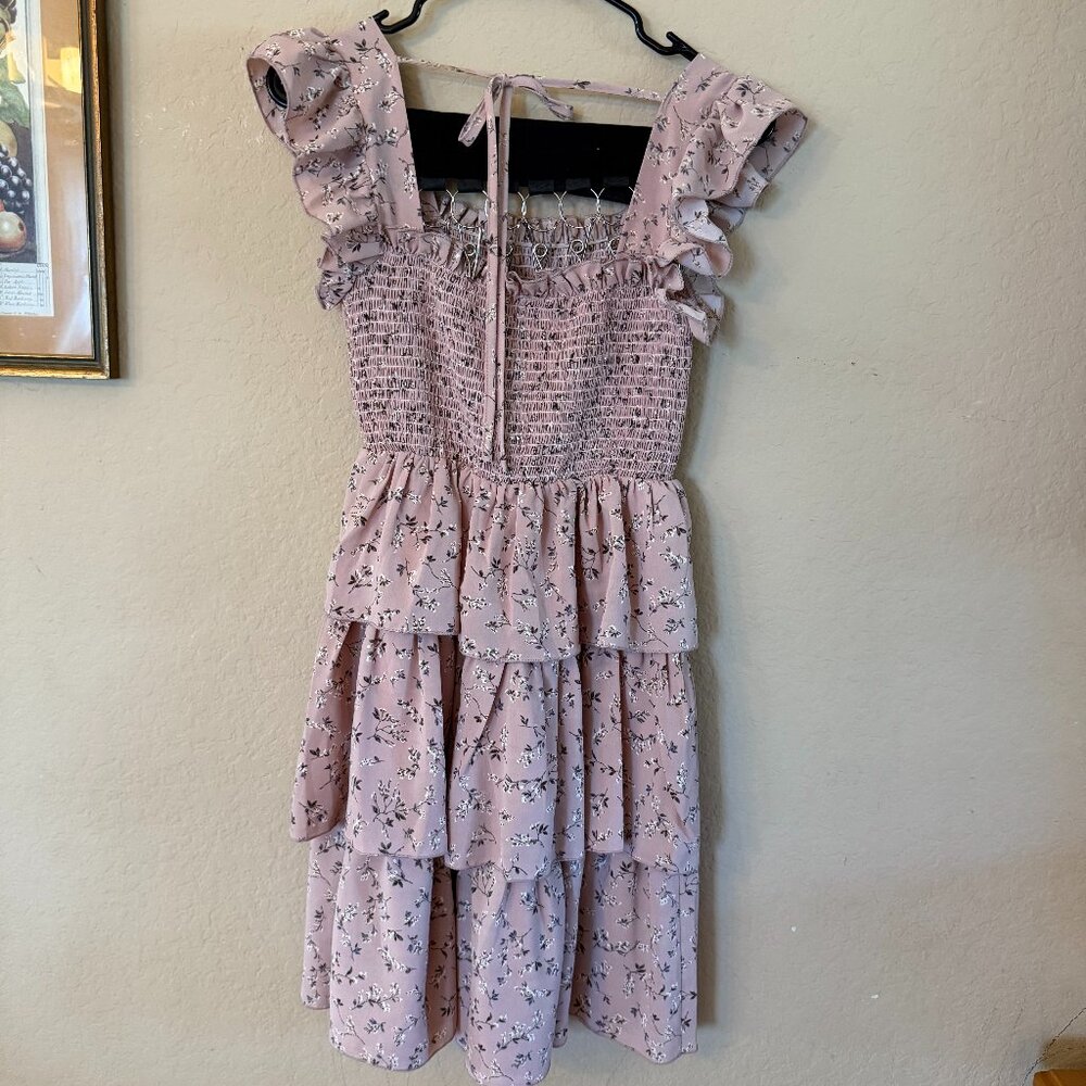 Pink Ruffle Tiered Smocked Mini Dress Boho Cottagecore Size S